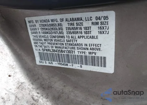 2005 Honda Odyssey Ex from USA, damaged, VIN 5FNRL38435B413031